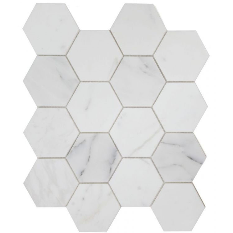 Hexagon Calacatta White Polished 3 x 3 10.25 x 11.75 Mosaic Tile