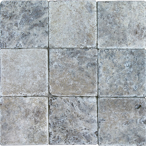 4x4 Travertine Field tile in Silver Tumbled colorway