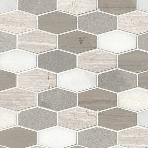 Bellagio Blend Elongated Hexagon Marble Mosaic sheet tile in Bellagion Blend Elongated Hexagon Honed