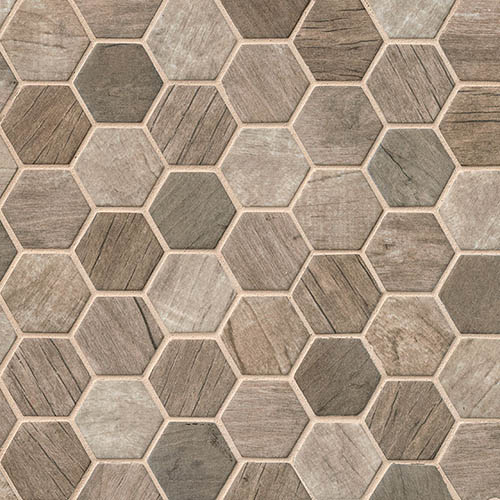 Recycled Glass Mosaic sheet tile in Driftwood Hexagon