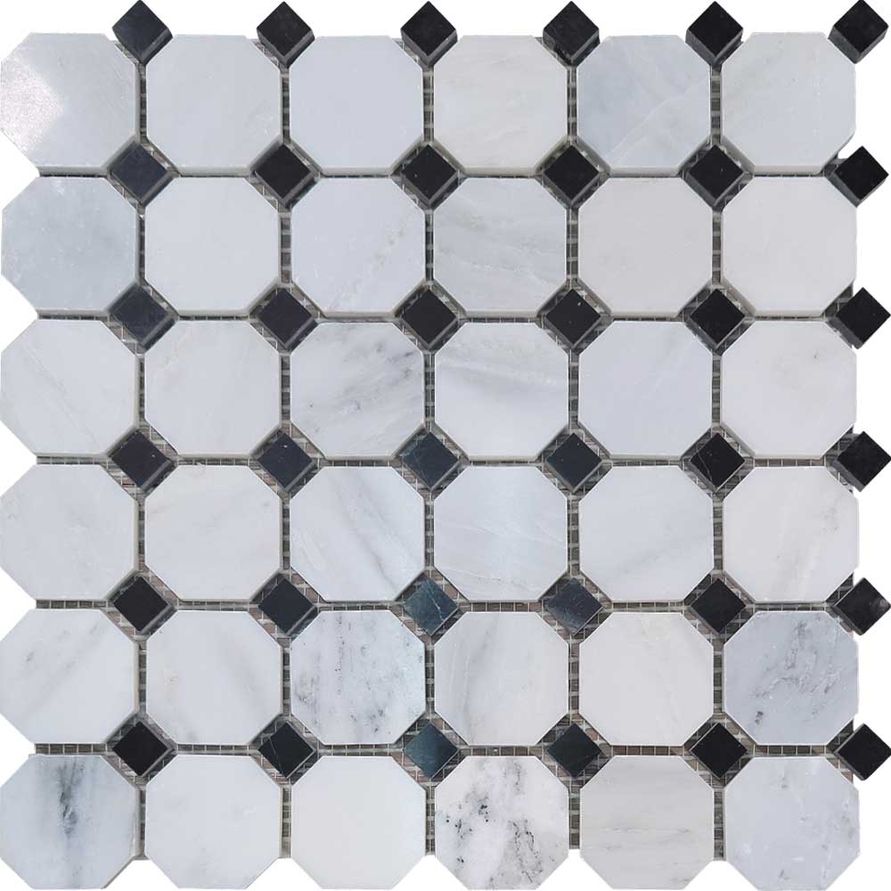 2 Carrara Octagon with 0.625 Black Marble Dot Mosaic
