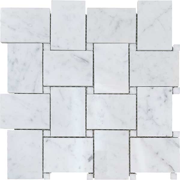 Carrara Large Basketweave 3.375 x 2.375 and 0.375 x 0.375 Dot Polished Marble Mosaic