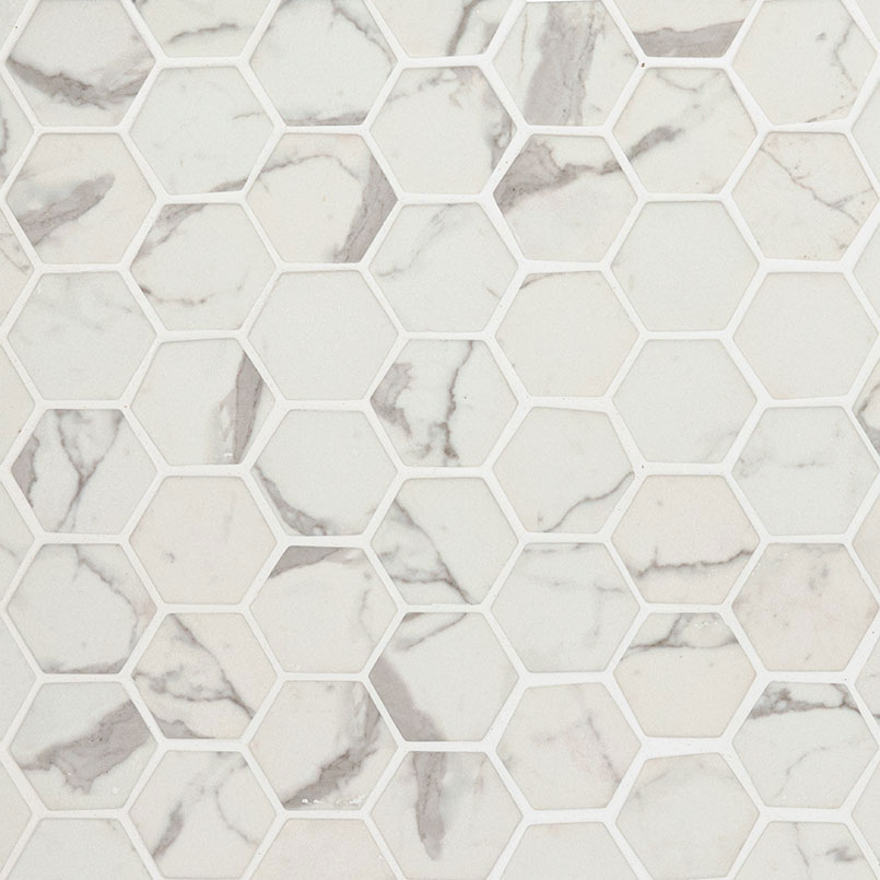 Recycled Glass Mosaic sheet tile in Statuario Celano 2" Hexagon