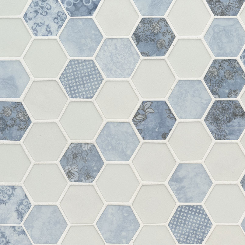 Glass Mosaic sheet tile in Vista Azul Hexagon