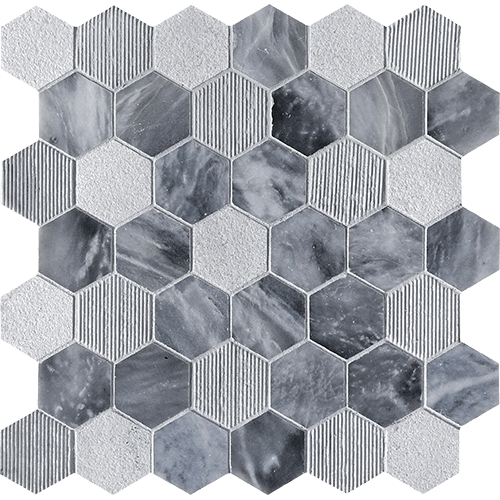 CS Deep Blue Multi Finish 2 x 2 Hex Mesh Marble Tile