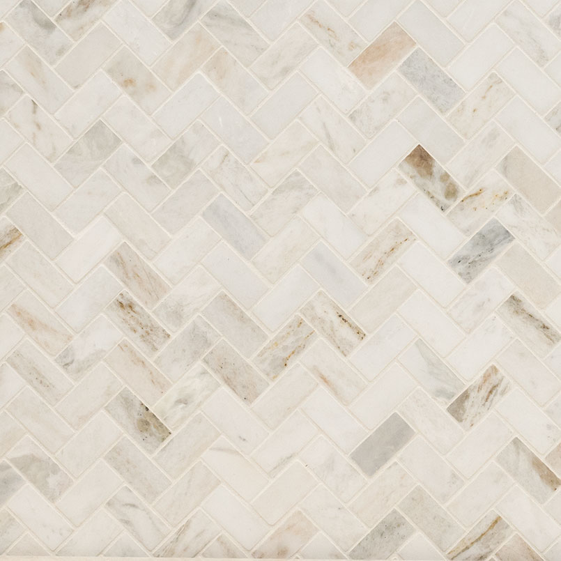 Marble Mosaic sheet tile in Arabescato Venato White 1x2 Herringbone Honed