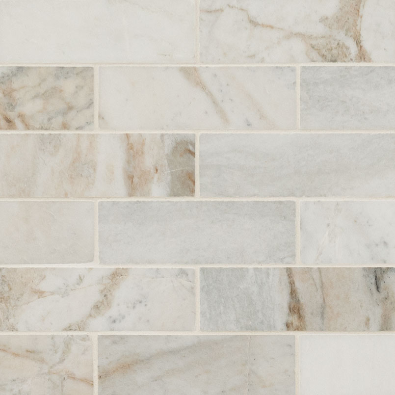 Marble Mosaic Sheet tile in Arabescato Venato White 2x6 Honed