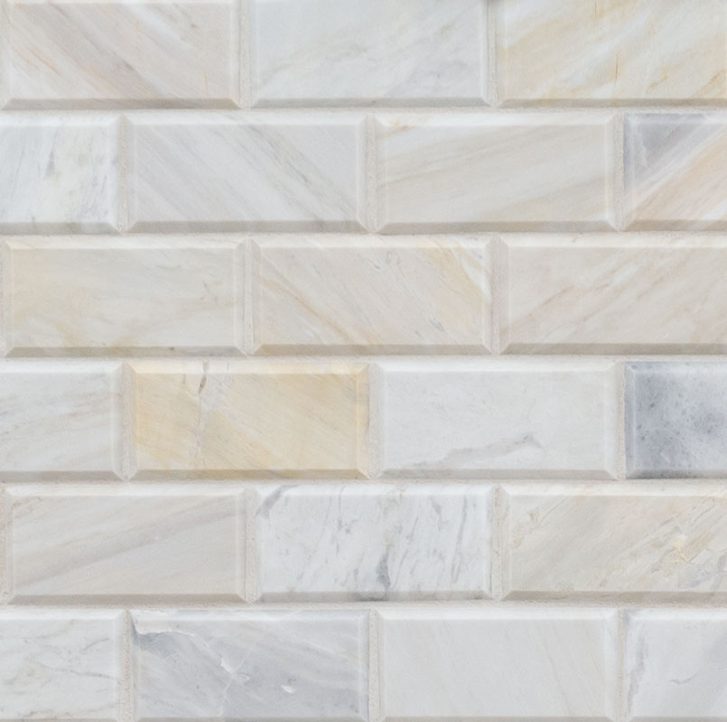 Marble Mosaic sheet tile in Athena Gold 2x4 Honed and Beveled