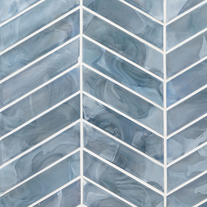 Glass Mosaic sheet tile in Blue Shimmer Chevron