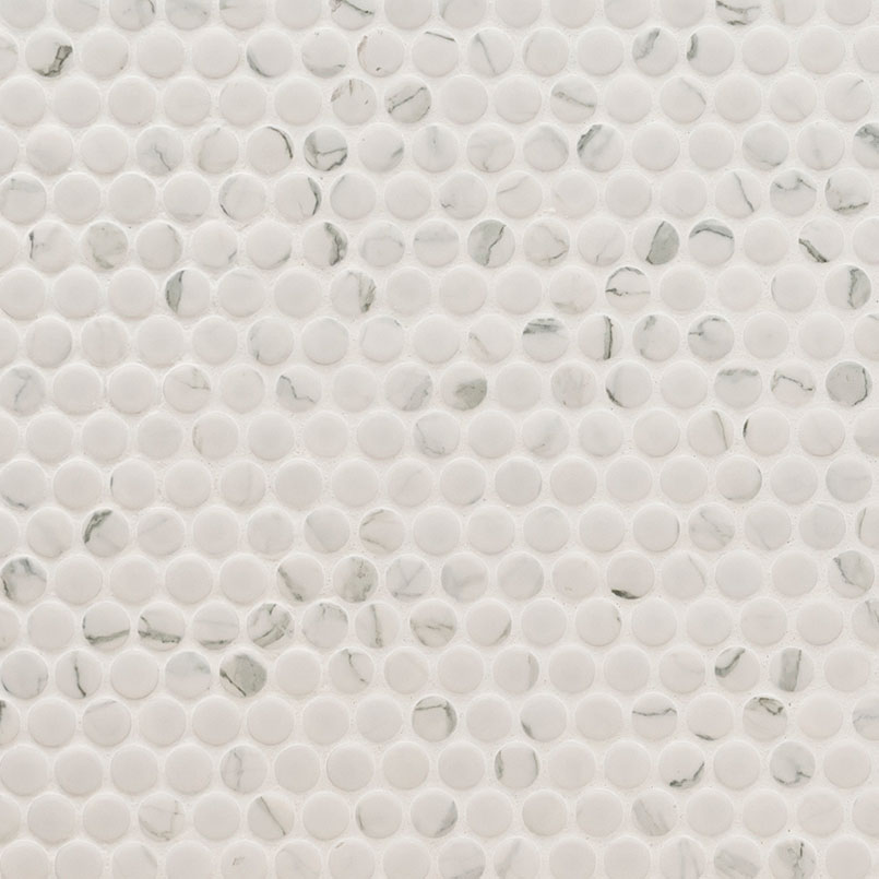 Porcelain sheet tile in Carrara Penny Round Matte