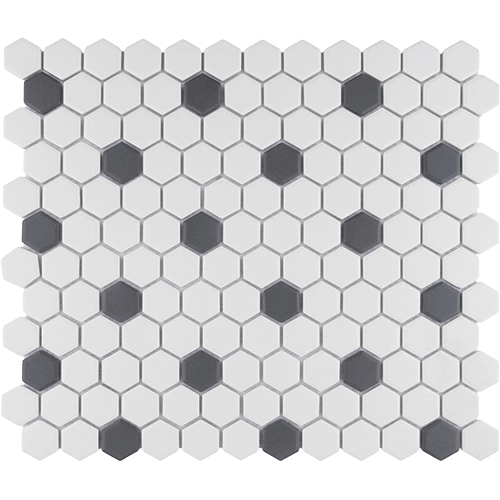 Gotham Hex 1" Wht w/Blk Dot 10-1/4"x11-7/8" UnGl Porc Mos