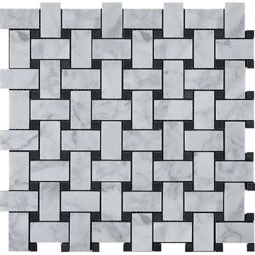 Carrara White Basketweave Mosaic w/ Black Dot 1"x2" Honed