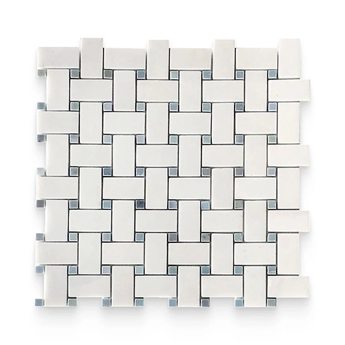 Thassos White 1" x 2" Blue Dot Basketweave Honed