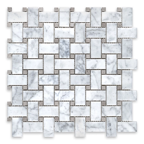 White Carrara - Basketweave w/ Grey Dot Honed