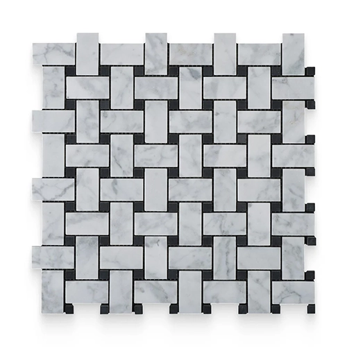 Carrara White 1" x 2" Black Dot Basketweave Honed