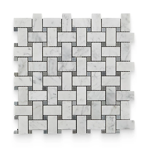 Carrara White 1" x 2" Blue Dot Basketweave Polished