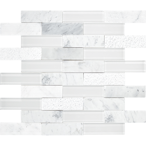 SimplyStick Mosaix 1 1/4" x 4 Brick Joint Carrara White and Glass Blend 12" x 12"