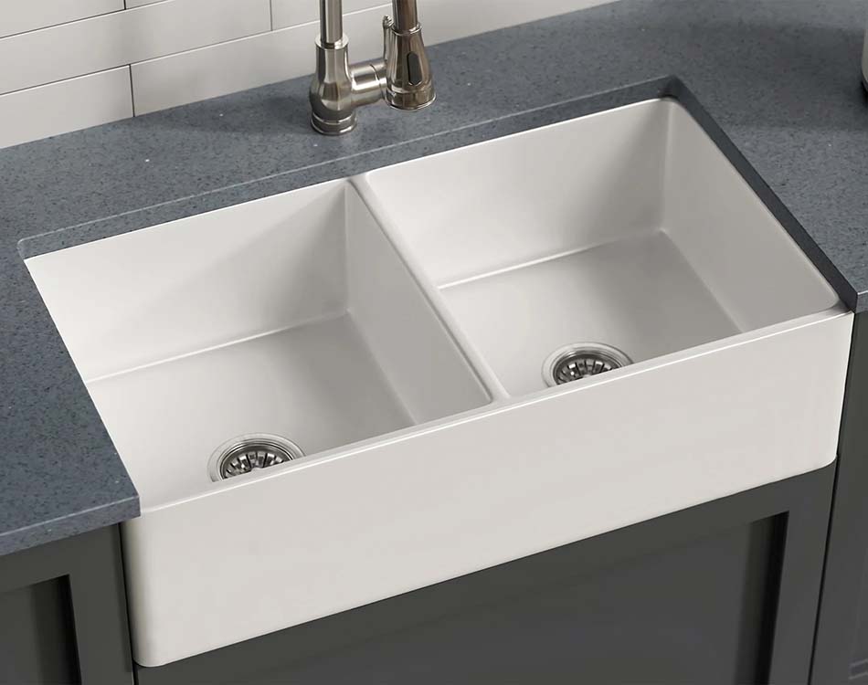 PL-FC3318DB 33" x 18" x 10" Double Bowl Farmhouse Style Fireclay Sink