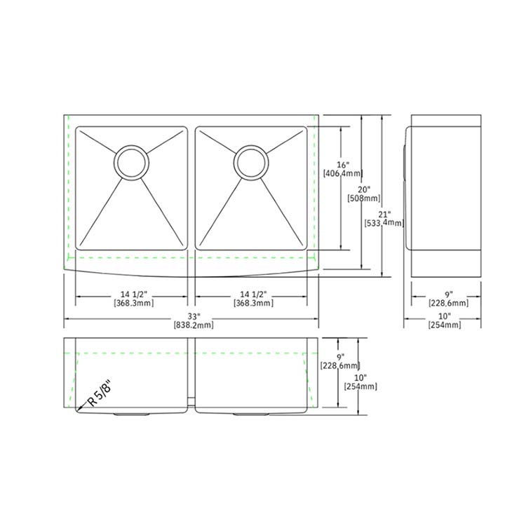 PL-HA128_LD PL-HA128 R15 16g Handmade 16 Gauge Stainless Steel Farmhouse Kitchen Sink with Micro Radius Corners