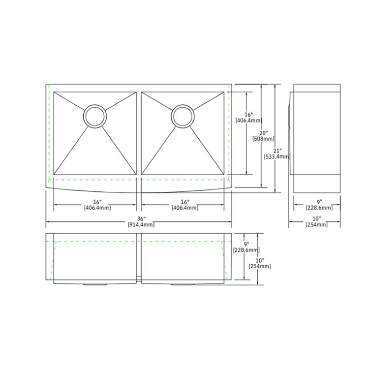 PL-HA130_LD PL-HA130 R0 16g Handmade 16 Gauge Stainless Steel Farmhouse Kitchen Sink with Zero Radius Corners Measurements