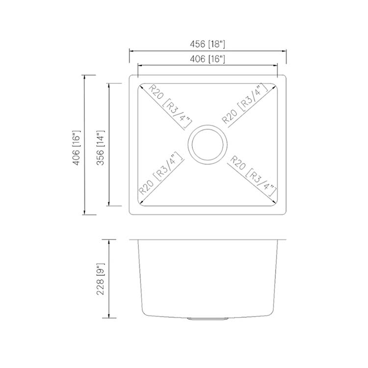 PL-VR1816R20_LD PL-VR1816 R20 18 Gauge Stainless Steel Undermount Kitchen Sink 18" x 16" with Low Radius Corners Measurements