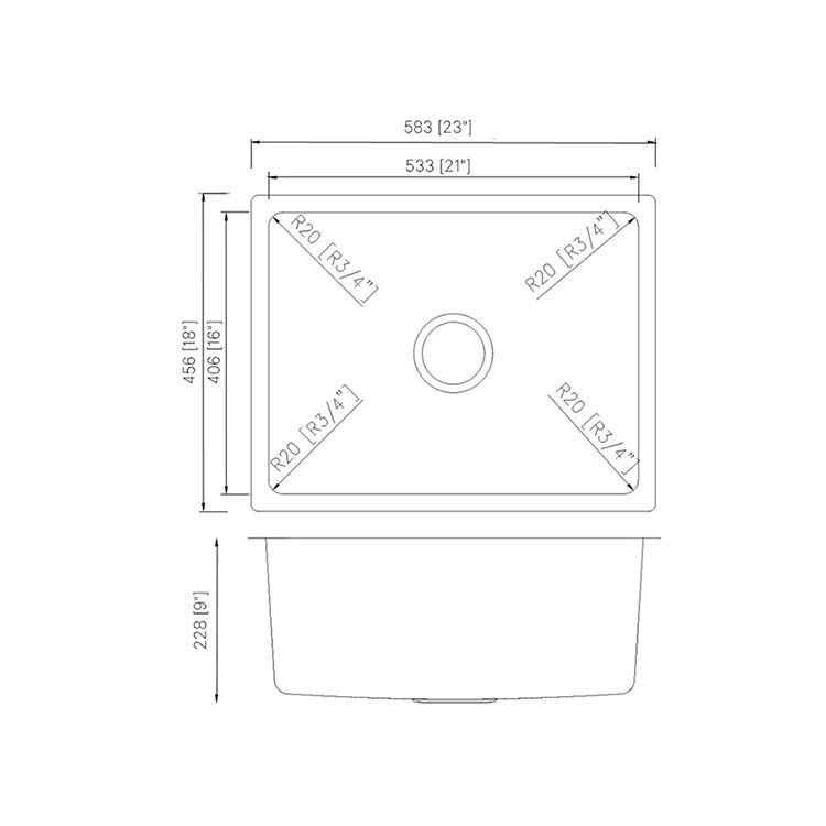 PL-VR2318R20_LD PL-VR2318 R20 18 Gauge Stainless Steel Undermount Kitchen Sink 23" x18" with Low Radius Corner Measurements