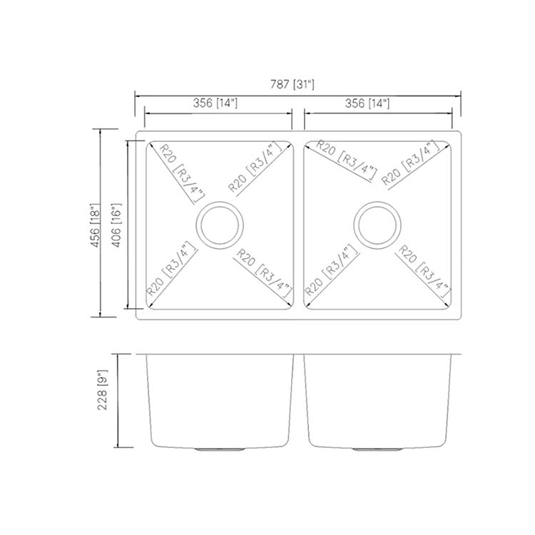 PL-VR5050R20_LD PL-VR5050 18 Gauge Stainless Steel Undermount Kitchen Sink 31" x 18" with Low Radius Corners Measurements