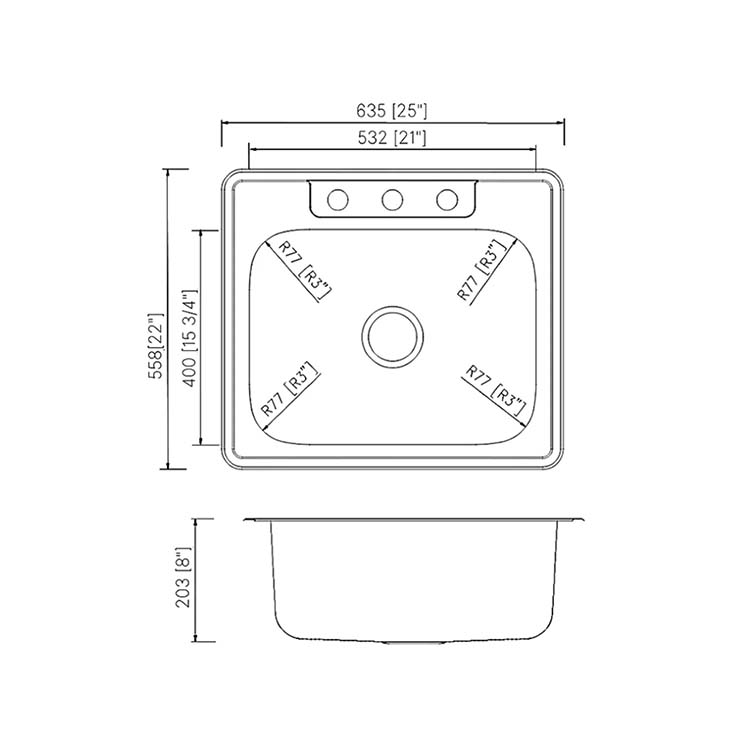 PL-VT2522_LD2 PL-VT2522-3 18 Gauge Stainless Steel Single Bowl Topmount Kitchen Sinks 25" x 22" with 3 Holes Measurements