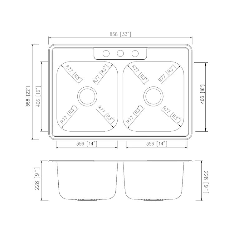 PL-VT5050_LD1 PL-VT5050-3 18 Gauge Stainless Steel Double Bowl Topmount Kitchen Sink 33" x 22" Measurements