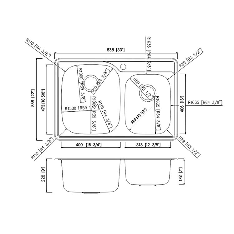 PL-VT6040_LD PL-VT6040-1 18 Gauge Stainless Steel Double Bowl Topmount Kitchen Sink 33" x 22" Measurements