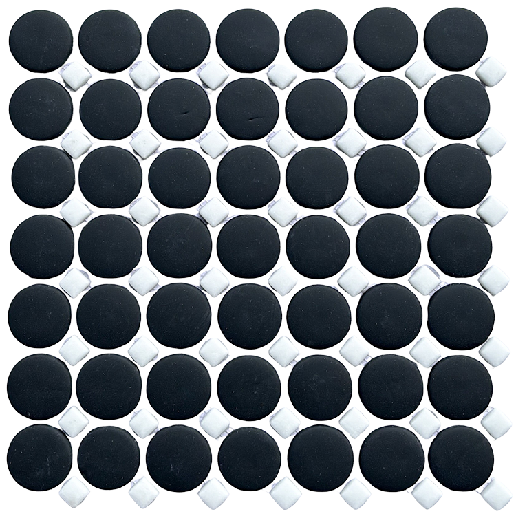 Glass Mosaic tile in TImeless Black Penny White Dot Matte