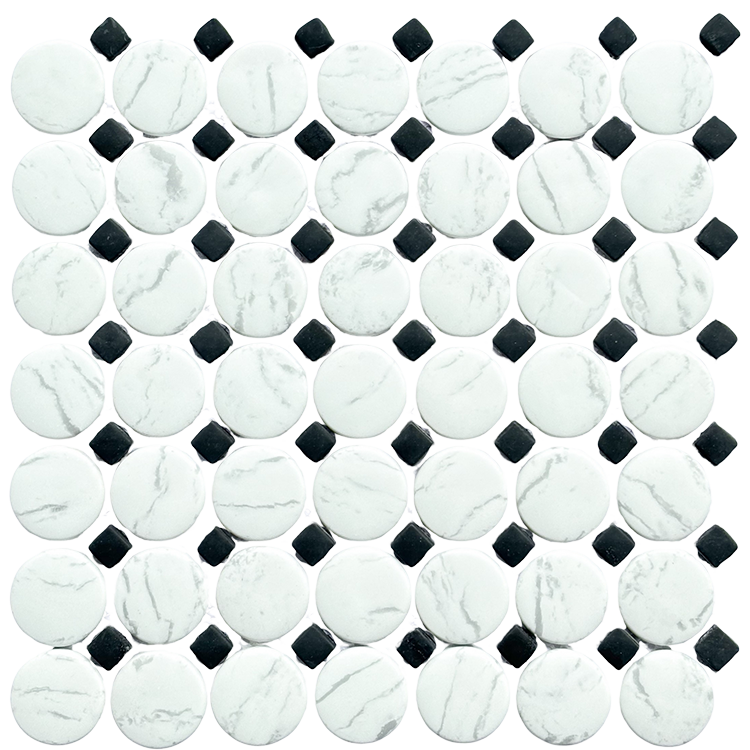Glass Mosaic tile in TImeless Carrara Penny Black Dot Matte