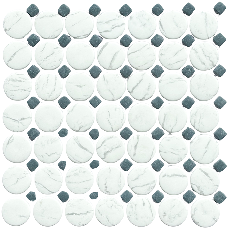 Glass Mosaic tile in Timeless Carrara Penny with Blue Dot Matte