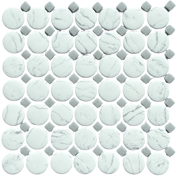 Glass Mosaic tile in Timeless Carrara Penny with Gray Dot Matte