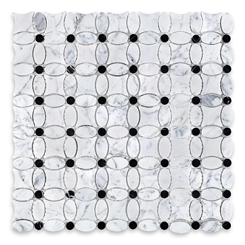 White Carrara - Flower Mosaic w/ Black Dot Honed