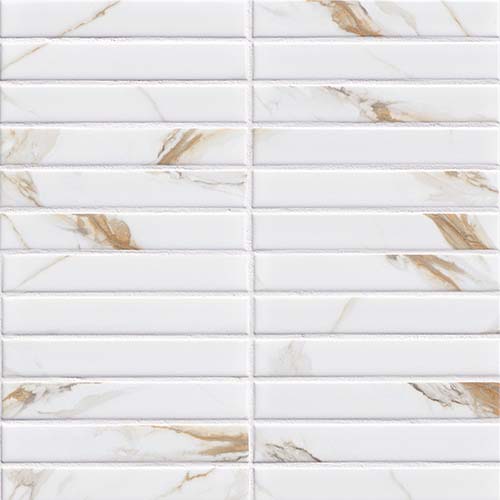 Porcelain tile in Calacatta Gold Matte 1x6 Stack Pattern