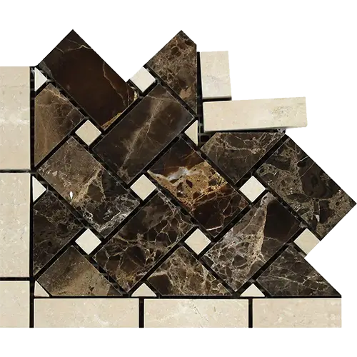 Emperador Dark Polished Basketweave Border Corner w/ Crema Marfil Dots