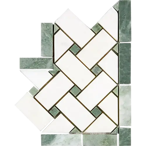 Thassos White Basketweave Border Corner w/ Ming Green