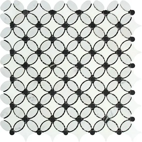 Thassos White Florida Flower Thassos + White Carrara Oval + Black Dots