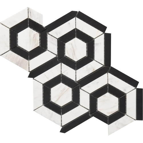Rockart Black & White Hexagon 9" x 12" Marble Mosaic